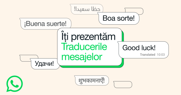 Ilustrație cu bule de chat care demonstrează funcția de traducere mesaje WhatsApp. Se observă traduceri pentru mesaje în diverse limbi, precum "Good luck!", ilustrând noua opțiune de traducere a mesajelor pe WhatsApp