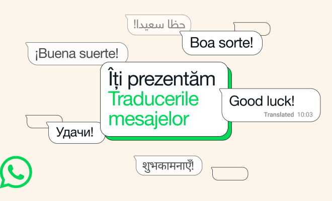 Ilustrație cu bule de chat care demonstrează funcția de traducere mesaje WhatsApp. Se observă traduceri pentru mesaje în diverse limbi, precum "Good luck!", ilustrând noua opțiune de traducere a mesajelor pe WhatsApp