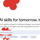 Captură de ecran a paginii principale a platformei Google Skills, care prezintă sloganul „Build AI skills for tomorrow, today” și opțiuni de căutare pentru cursuri AI.