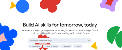 Captură de ecran a paginii principale a platformei Google Skills, care prezintă sloganul „Build AI skills for tomorrow, today” și opțiuni de căutare pentru cursuri AI.