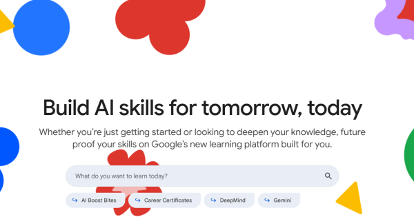 Captură de ecran a paginii principale a platformei Google Skills, care prezintă sloganul „Build AI skills for tomorrow, today” și opțiuni de căutare pentru cursuri AI.