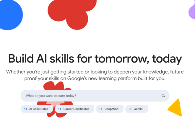 Captură de ecran a paginii principale a platformei Google Skills, care prezintă sloganul „Build AI skills for tomorrow, today” și opțiuni de căutare pentru cursuri AI.