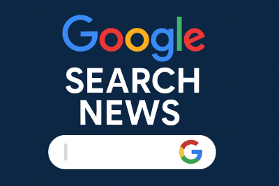 Imagine pentru articolul „noutăți google search news”, cu elemente vizuale inspirate din interfața Google Search