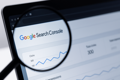 Imagine care ilustrează actualizările Search Console, cu interfața de analiză observată printr-o lupă pe ecranul unui laptop