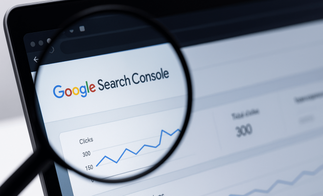 Imagine care ilustrează actualizările Search Console, cu interfața de analiză observată printr-o lupă pe ecranul unui laptop