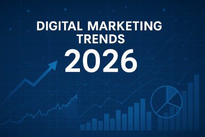 Ilustrație grafică despre tendințe în marketingul digital în 2026, cu elemente vizuale legate de analiză, date și evoluția mediului online