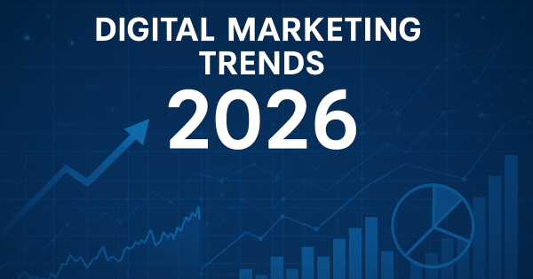 Ilustrație grafică despre tendințe în marketingul digital în 2026, cu elemente vizuale legate de analiză, date și evoluția mediului online