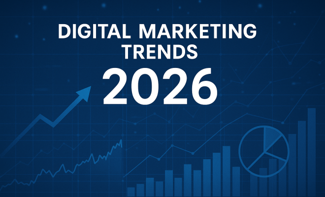Ilustrație grafică despre tendințe în marketingul digital în 2026, cu elemente vizuale legate de analiză, date și evoluția mediului online