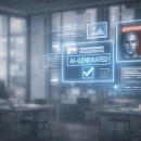 interfață digitală care ilustrează etichetarea conținutului generat de inteligența artificială și avertizarea privind deepfake-urile