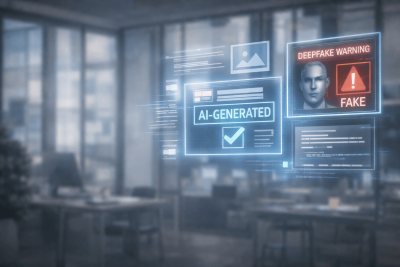 interfață digitală care ilustrează etichetarea conținutului generat de inteligența artificială și avertizarea privind deepfake-urile