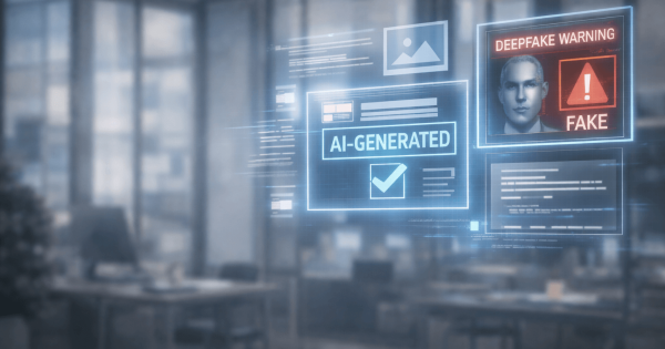 interfață digitală care ilustrează etichetarea conținutului generat de inteligența artificială și avertizarea privind deepfake-urile