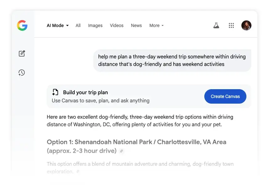 Exemplu de rezultat generat în Google AI Mode, cu opțiunea Create Canvas pentru planificarea unei călătorii de weekend.