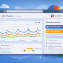 Ilustrație a paginii Google Trends Explore, cu grafic de tendințe și sugestii generate automat pentru analiza căutărilor.