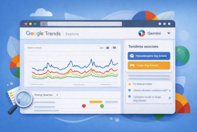 Ilustrație a paginii Google Trends Explore, cu grafic de tendințe și sugestii generate automat pentru analiza căutărilor.