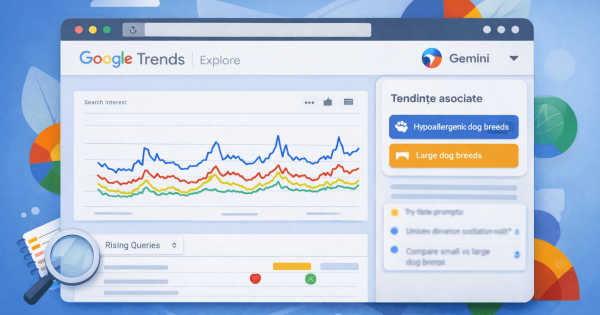 Ilustrație a paginii Google Trends Explore, cu grafic de tendințe și sugestii generate automat pentru analiza căutărilor.