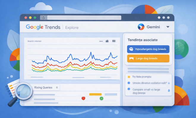 Ilustrație a paginii Google Trends Explore, cu grafic de tendințe și sugestii generate automat pentru analiza căutărilor.