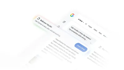 Interfața Google Search cu AI Mode și opțiunea Create Canvas, folosită pentru generarea unui itinerar de călătorie personalizat.