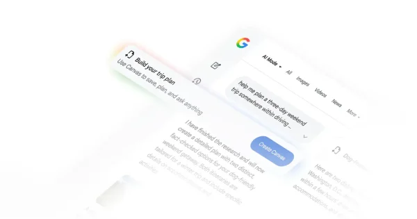 Interfața Google Search cu AI Mode și opțiunea Create Canvas, folosită pentru generarea unui itinerar de călătorie personalizat.