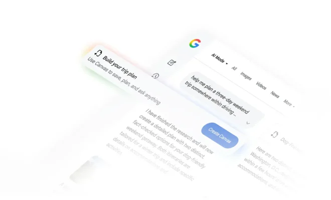 Interfața Google Search cu AI Mode și opțiunea Create Canvas, folosită pentru generarea unui itinerar de călătorie personalizat.